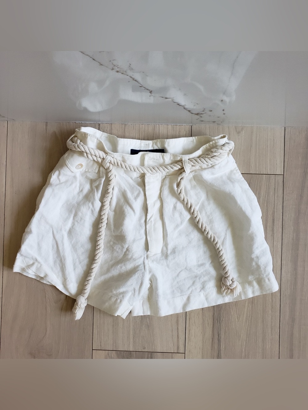 Polo by Ralph Lauren Pure Linen Short Womens 2 Cream High-Waist Shorts Rope Belt